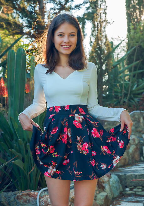 Sexy teen Hilary C exhibits tiny tits and bald pussy outdoor